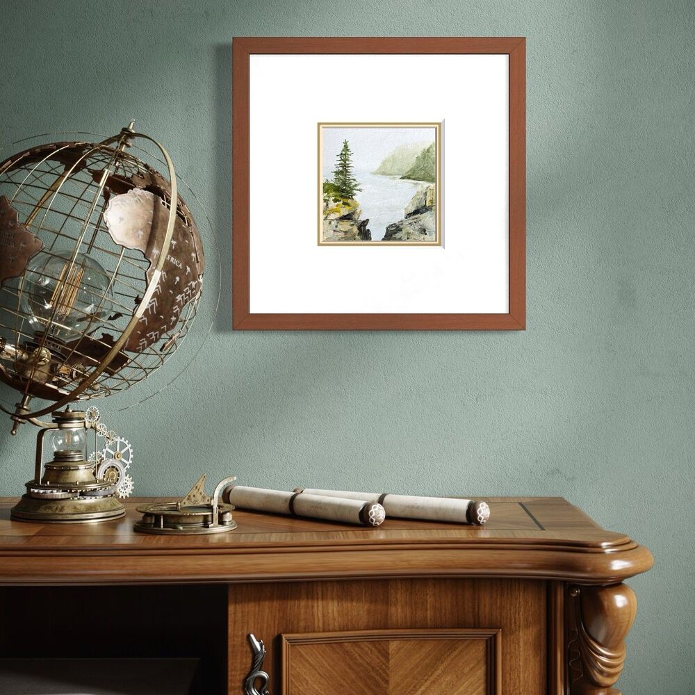 6x6 Maine Original Oil Painting Seascape Pines Rocky Bluff Coastal Art Signed - Picture 5 of 8